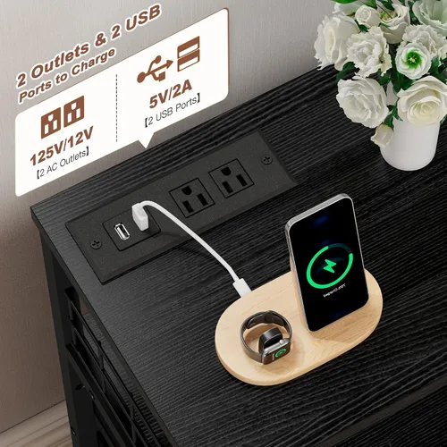 Miniatura 5 de EnHomee Mesita de noche negra de 21.8 pulgadas de ancho con estación de carga y luces LED, mesita de noche con 4 cajones de tela, mesa de noche