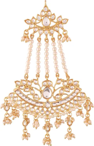 I Jewels Gold Plated Indian Wedding Bollywood Mughal Beautiful Long Pearl Kundan Jhumar PassaJhoomar Maang Tikka for Women (T2464-47-55)