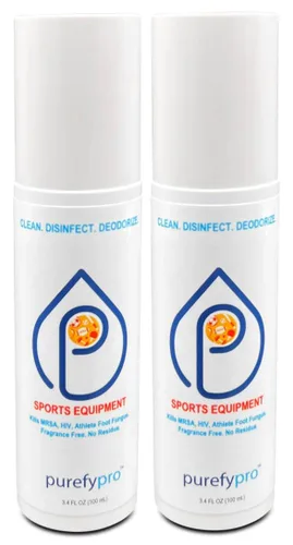 Purefypro Spray desinfectante para equipos deportivos - (3.4 oz, 2 paquetes). Tamaño de viaje TSA. Elimina el 99.9999% de MRSA, VIH, hongo del pie