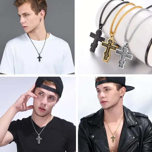 Miniatura 6 de U7 Colgante de cruz ortodoxa rusamanos rezandosigno de Ichthys para hombres y mujeres, acero inoxidable chapado en oro de 18 quilates, collar