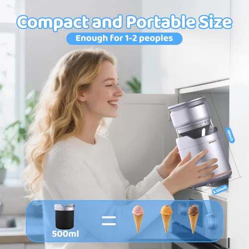 Miniatura 4 de BRIOBITE Máquina de helados, máquina de helado suave recargable con bajo ruido, compacta para 1-2 porciones, perfecta para sorbete, gelato, yogur