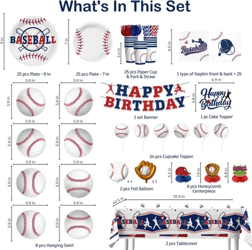 Miniatura 2 de Xynic Juego de vajilla de 202 piezas de decoración de cumpleaños de béisbol para 25 invitados, decoraciones de fiesta de béisbol incluyen pancarta