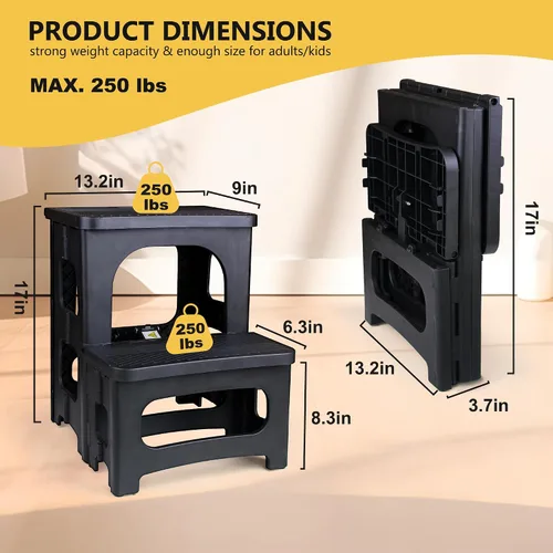 Miniatura 5 de AMOISE Amoise Taburete plegable de 2 escalones, reposapiés portátil antideslizante de 8 y 17 pulgadas de altura doble, soporta 300 libras