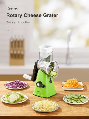 Miniatura 7 de Reemix - Rallador rotativo de queso con asa, triturador de queso vegetal para cocina, 3 cuchillas intercambiables para queso, papa, calabacín, Verde