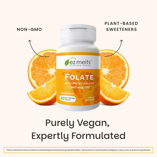 Miniatura 6 de EZ Melts Folato soluble 1,667 mcg DFE - Suplemento de folato metilado - Salud del corazón y desarrollo fetal saludable - Sin OMG, vegano y sin