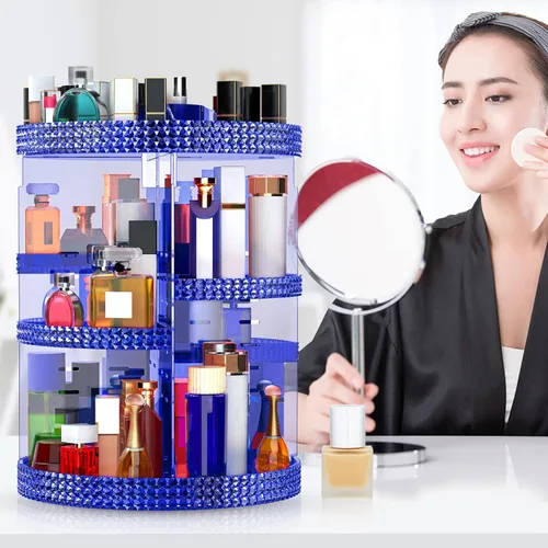 Miniatura 3 de Organizador de maquillaje giratorio grande de 360 grados para mostrador, organizadores de maquillaje acrílico azul, organizador de perfumes