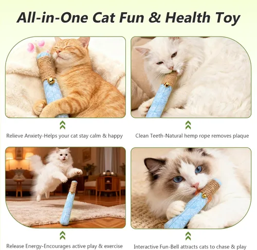 Miniatura 5 de Paquete de 3 juguetes de hierba gatera para gatos, divertidos juguetes para gatos con cuerda dental y cascabel, juguetes 100% orgánicos de hierba