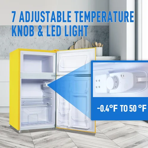 Miniatura 3 de WANAI Mini refrigerador de 2 puertas y 2 manijas con congelador en la parte superior, espacioso refrigerador pequeño de 3.5 pies cúbicos con Amarillo