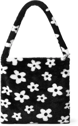 Bolso de mano peludo y esponjoso, bolso grande y mullido, lindo bolso de felpa con cremallera para mujeres y niñas, bolso de hombro de piel