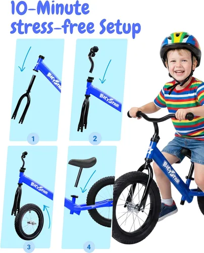 Miniatura 5 de Bicystar Bicicleta de equilibrio de 14 pulgadas para niños de 3 a 6 años, sin pedales, neumáticos de goma neumática, altura ajustable, bicicleta sin