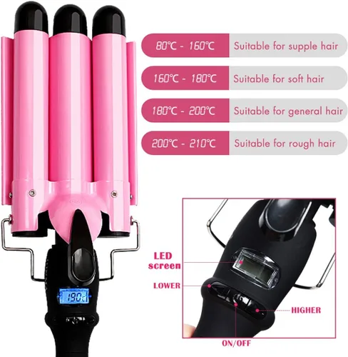Miniatura 5 de Varita rizadora de turmalina de cerámica de 3 barriles triples con pantalla LCD de temperatura, rizador de 1 pulgada, doble voltaje Rosa