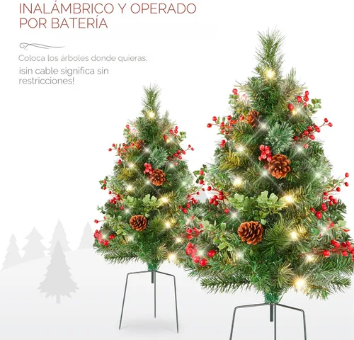 Miniatura 6 de Best Choice Products Juego de 2 árboles de Navidad de 24.5 pulgadas, funciona con pilas, decoración navideña preiluminada con luces LED, bayas