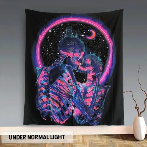 Miniatura 7 de TUGCAY Tapiz de luz negra con calavera que brilla en la oscuridad, tapiz para amantes de los besos, esqueleto, neón, trippy, pósters verticales