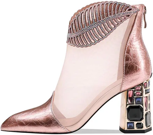 Miniatura 2 de TinaCus - Botines de piel de ante con punta de malla hecha a mano con tacón alto y grueso para mujer