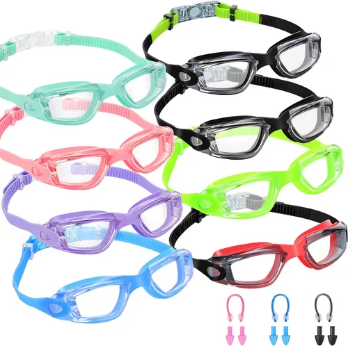 Fabbay 8 gafas de natación sin fugas para niños y adultos, protección UV, gafas de natación impermeables con clip para la nariz