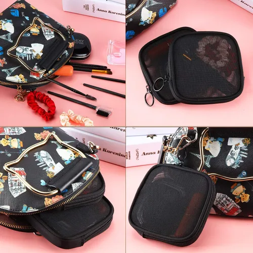 Miniatura 4 de Weewooday 4 piezas de malla para maquillaje, bolsa de cosméticos de malla, bolsa de aseo de viaje con cremallera, mini bolsa de cosméticos de Negro