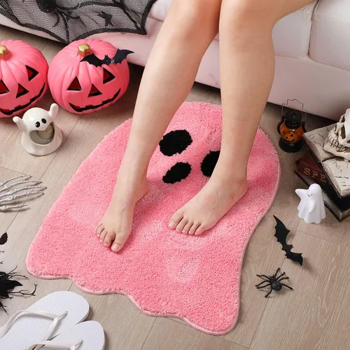 Miniatura 4 de Nuanchu Alfombra de baño con forma de fantasma rosa, bonita alfombra de baño de Halloween, alfombra de ducha estética de microfibra para Halloween