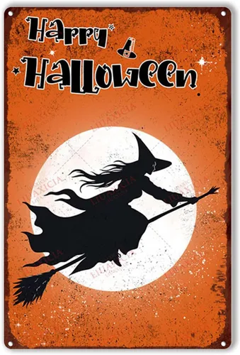 Letrero de hojalata retro con diseño de bruja de Halloween para pared de garaje, pared de taller, 8.00 x 12.00 pulgadas