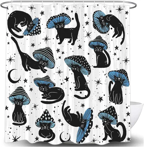 Miniatura 6 de MERCHR Cortina de Ducha de Gato Lindo Campista para Baño de Remolque de Viaje, Divertido Juego de Cortinas de Ducha de Tela Negra con Gato