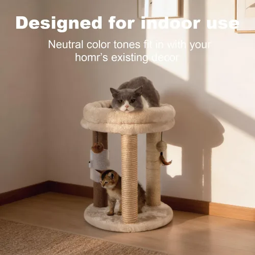 Miniatura 5 de MECOOL Árbol pequeño para gatos 4en1, poste rascador con torre, cama suave, alfombra de sisal, postes de yute con tres juguetes de bola colgante