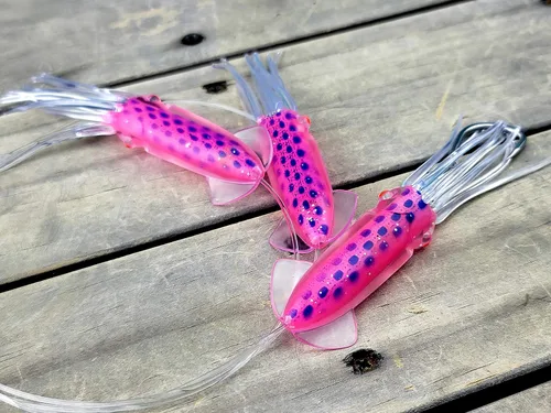 Miniatura 2 de Lobo Lures Cadena de calamar de cuerpo suave, color rosa y azul, caramelo de atún de 4.5 pulgadas, gran juego, pesca, margarita, señuelo de arrastre