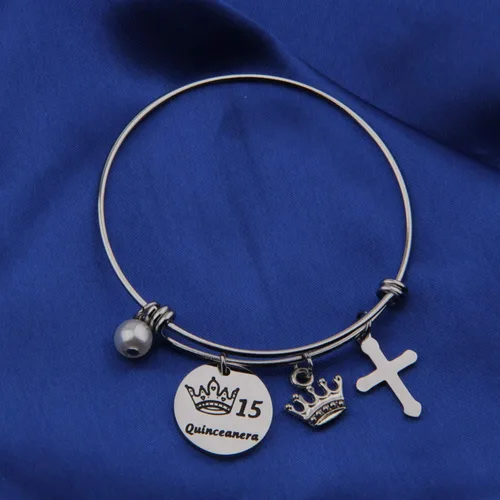 Miniatura 3 de FEELMEM Quinceañera - Pulsera de 15 cumpleaños para niñas y niñas 15 años de quinceañera brazalete de alambre expandible joyería de membrillo