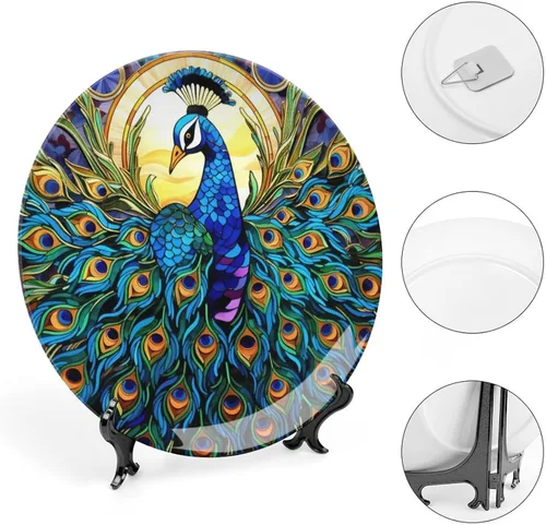 Miniatura 4 de Platos decorativos bohemios de pavo real con estampado de vitrales, platos de cerámica para decoración del hogar, exhibición de platos llanos