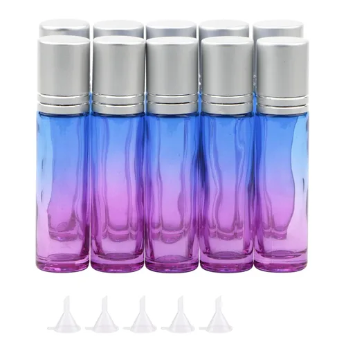 Miniatura 8 de Juego de 10 botellas enrollables de vidrio, 0.3 fl oz (1/3 onza), tarros de rodillo de gradiente azul con abridor de embudos, frascos de vidrio