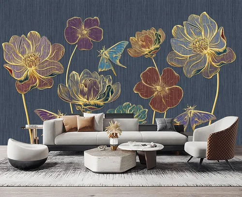 Miniatura 4 de Papel pintado 3D de flores doradas en relieve para dormitorio, 103 x 69 pulgadas
