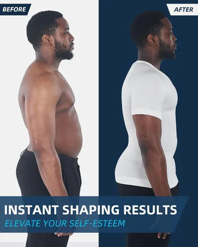 Miniatura 2 de KOCLES Camisas de compresión Gynecomastia para hombres, faja moldeadora adelgazante para cuerpo, camiseta de entrenamiento con cuello en V