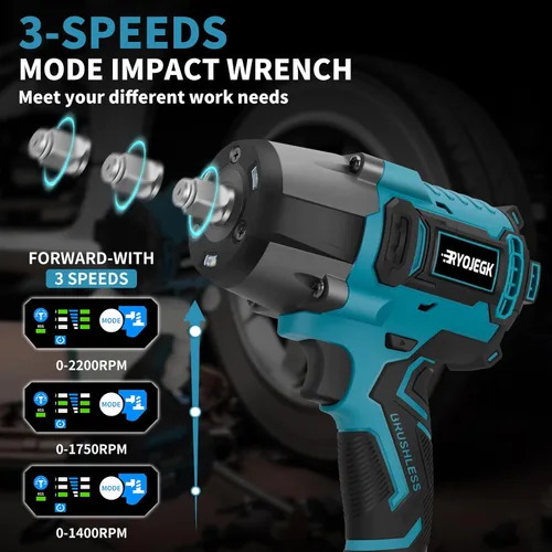 Miniatura 4 de RYOJEGK Llave de impacto de 1500 N.m, pistola de impacto inalámbrica de 1107 pies-libras de 1/2 pulgada, destornillador de impacto de potencia sin