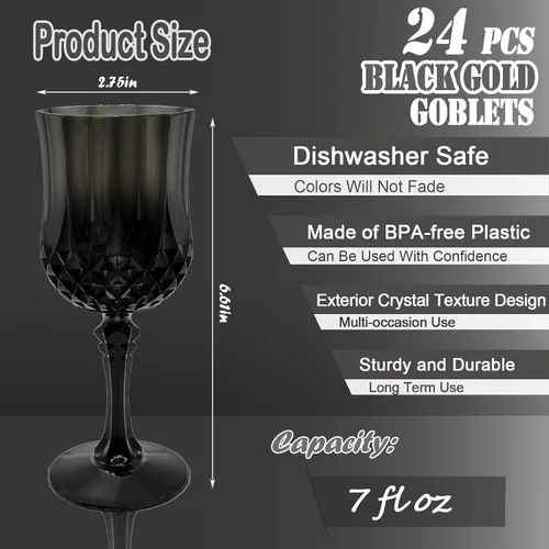 Miniatura 2 de 24 piezas de copas de vino de plástico negro, copas de vino de plástico reutilizables, copa negra tipo cáliz, vasos duraderos y resistentes que se