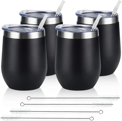 Lifecapido Paquete de 4 copas de vino de acero inoxidable de 12 onzas sin tallo, vaso de vino aislado, vasos de vino de acero inoxidable con tapas y