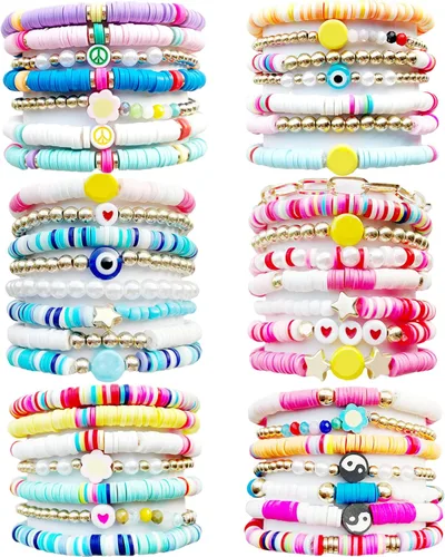 Juego de 44 pulseras Preppy de colores, corazón, estrella, mal de ojo, cuentas de arcilla polimérica, perlas, dijes apilables Y2K Kidcore para