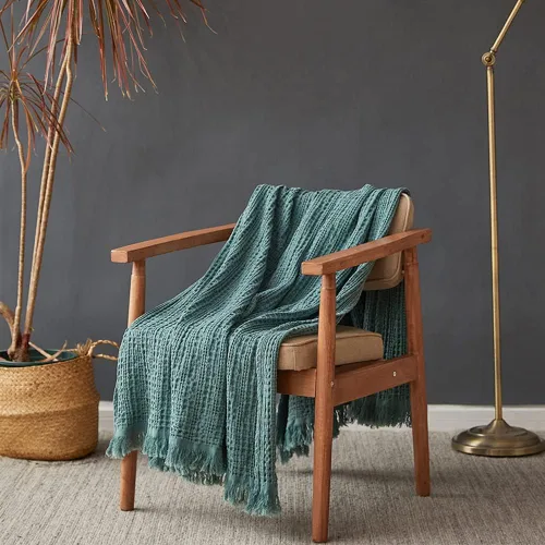 Miniatura 14 de Simple&Opulence Manta 100% algodón para sofá, cama, manta de punto gofre con borlas, suave, ligera, prelavada, transpirable, cómoda, decoración