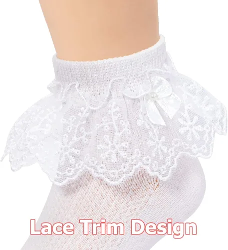 Miniatura 4 de akkilar Paquete de 4 calcetines con volantes para niñas pequeñas con lazo de malla de encaje con ribete de volantes y ojales de princesa para niños