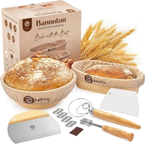 Kit de masa madre con herramientas profesionales para hacer pan - Kit completo para hacer pan de masa madre con bannetons artesanales de 10"