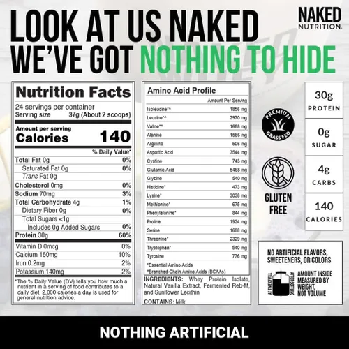 Miniatura 5 de NAKED Proteína aislada de suero de vainilla, solo 4 ingredientes, 1.06 onzas de proteína alimentada con pasto, sin desnaturalizar, sin OMG, sin