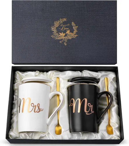 Miniatura 11 de Biching 50 aniversario de boda para parejas, tazas doradas del 50 aniversario para padres, abuelos, tazas de 14 onzas con cucharas, tapas, tarjeta