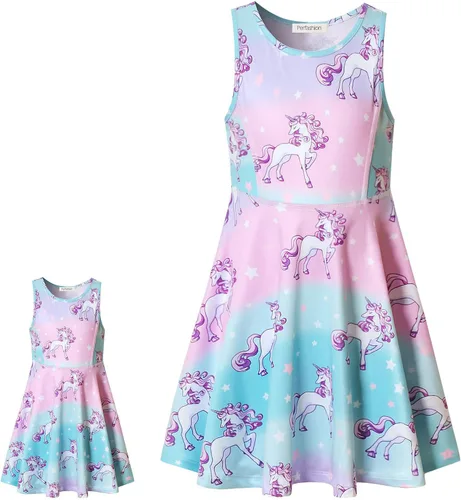 Miniatura 62 de Perfashion Vestidos a juego para niñas y muñecas sin mangas/manga larga, acampanados, faldas de fiesta de unicornio