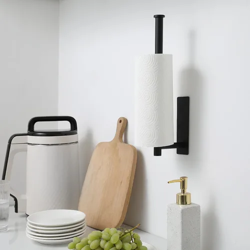Miniatura 3 de theaoo - Toallero de papel para debajo del gabinete para cocina, toallero adhesivo para baño, montado en la pared, negro mate, acero inoxidable