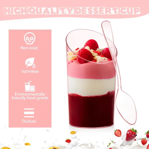 Miniatura 4 de Nuogo 100 mini tazas de postre con cucharas, cuadrados de 3 onzas y 2.5 onzas, inclinadas, redondas, pequeñas, de plástico transparente