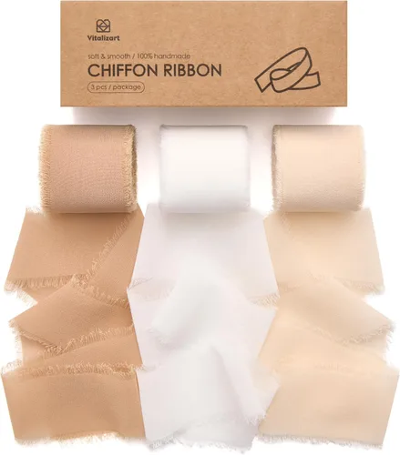 Miniatura 22 de Vitalizart Cinta de seda de gasa marrón hecha a mano con flecos de 1.5 pulgadas x 21 yardas, bordes deshilachados marrón y nude para invitaciones