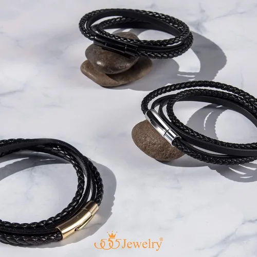 Miniatura 4 de 555Jewelry Pulsera magnética de cordón de cuero en capas de envoltura trenzada de acero inoxidable