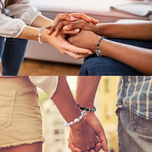 Miniatura 64 de 2 pulseras magnéticas para parejas, piedra natural negra mate, cristal para votos de amor eterno, juego de pulseras de cuentas de piedra de energía