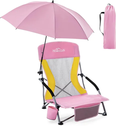 Miniatura 26 de Homcosan Silla de playa portátil baja plegable con paraguas desmontable, silla de campamento ligera para adultos con portavasos y bolsillo