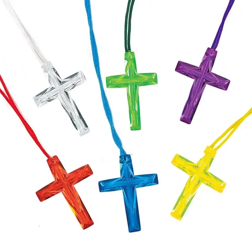 Podzly 48 collares de cruz de cristal, pequeñas cruces de plástico para recuerdos de fiesta religiosa, escuela dominical y escuela bíblica de