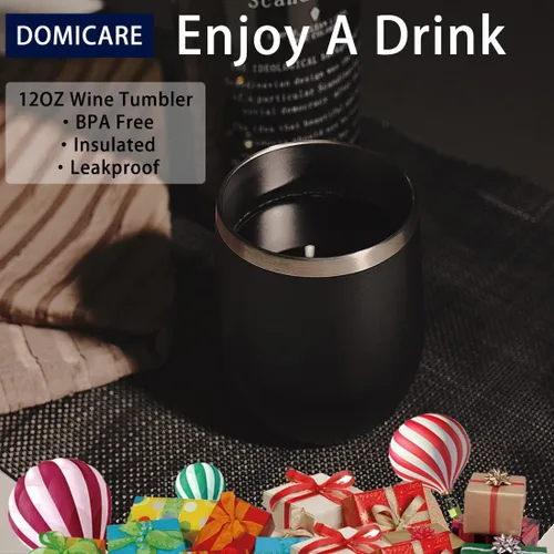 Miniatura 6 de DOMICARE - Vaso de vino de 12 onzas con tapa, hecho de acero inoxidable con aislamiento al vacío de doble pared, paquete de 1 unidad, color negro