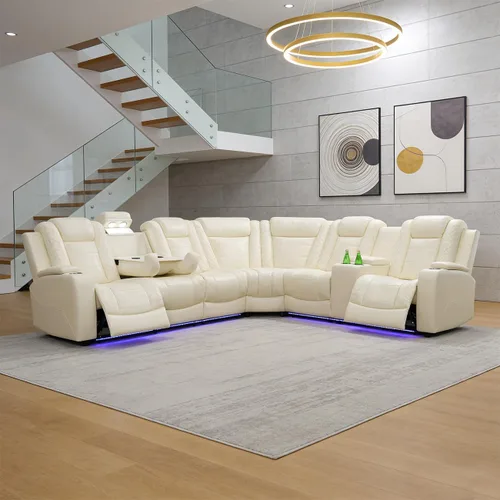 Miniatura 16 de Juego de sofá modular reclinable eléctrico para sala de estar, juego de sofá reclinable de cuero con luces LED / almacenamiento oculto, sofá