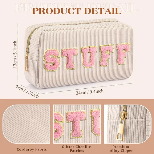 Miniatura 3 de Sanwuta Juego de 4 bolsas de maquillaje de viaje, con letras de chenilla, bolsa de pana para el cuidado de la piel, organizador de cosas